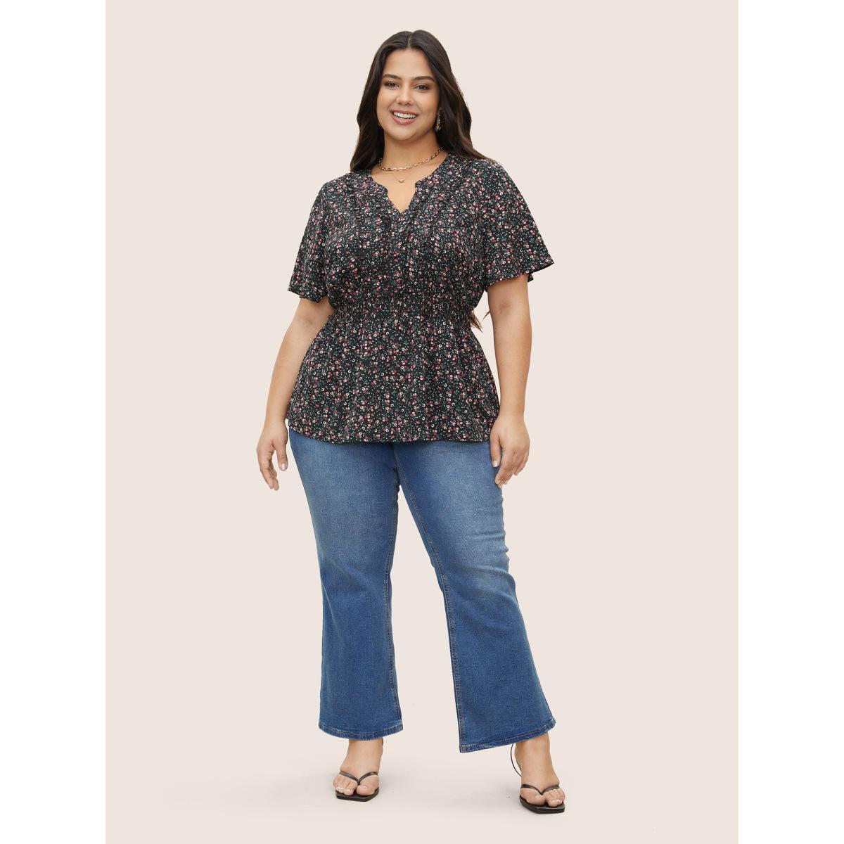Plus Size Black Ditsy Floral Shirred Frill Trim Blouse Women Elegant Short sleeve Notched collar Everyday Blouses BloomChic 10/M Product Image