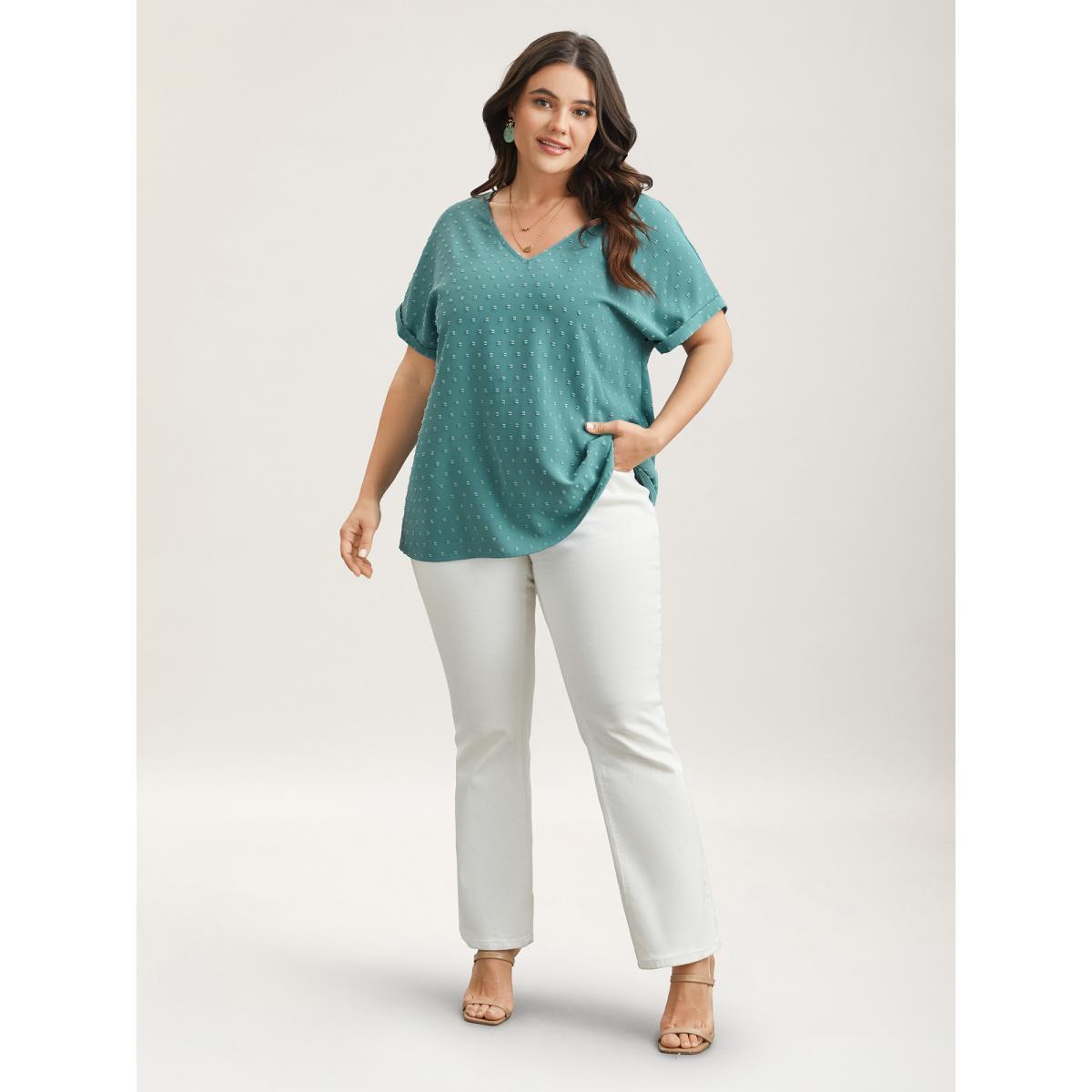Plus Size Teal Back-Button Textured V-Neck Shirt Women Elegant Short sleeve V-neck Everyday Blouses BloomChic 22-24/3X Product Image