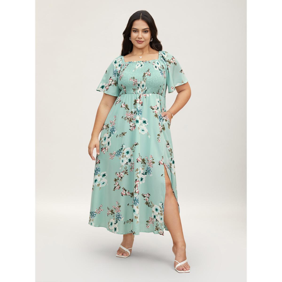 Plus Size Floral Square Neck Ruffles Pocket Shirred Split Dress Turquoise Women Elegant Non Square Neck Short sleeve Curvy BloomChic 10/M Product Image