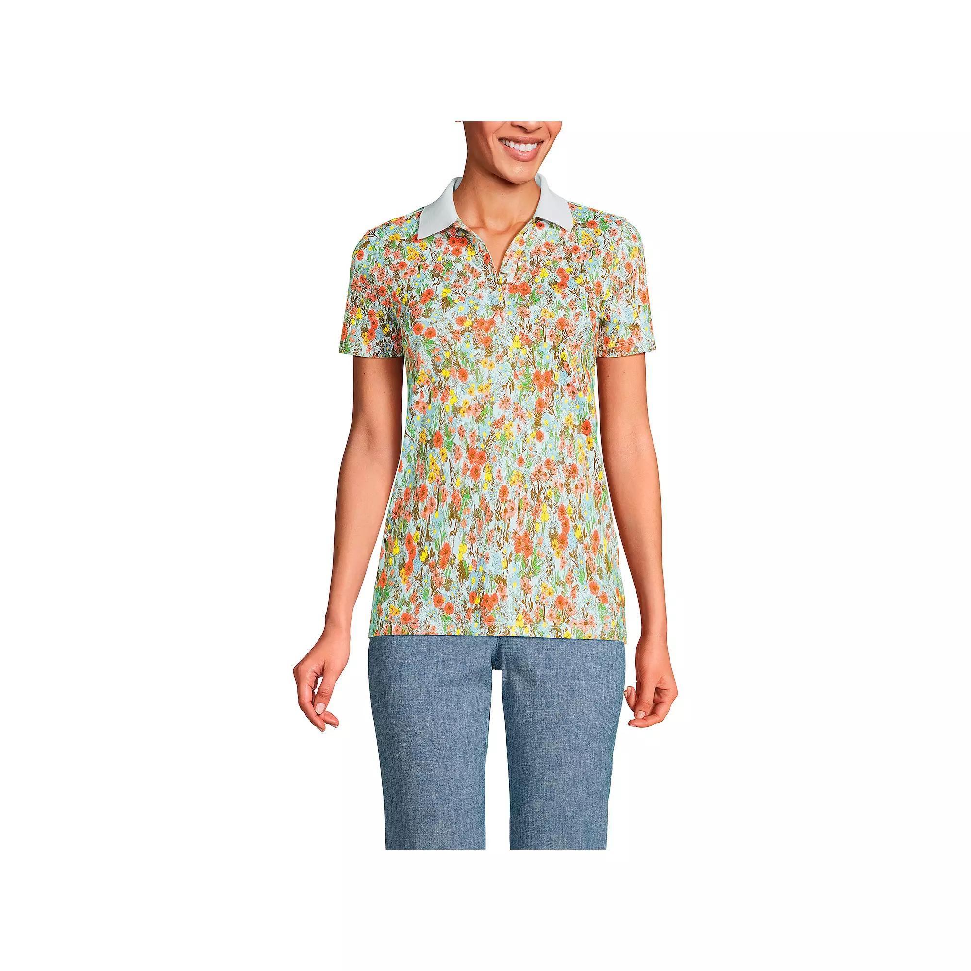 Petite Lands' End Supima Cotton Short Sleeve Polo Shirt, Women's, Size: Large Petite, White Field Floral Product Image