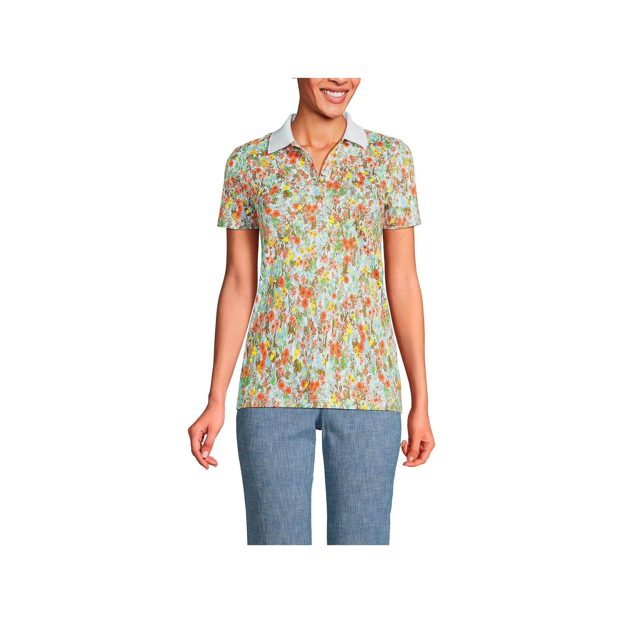 Petite Lands' End Supima Cotton Short Sleeve Polo Shirt, Women's, Size: Large Petite, White Field Floral Product Image