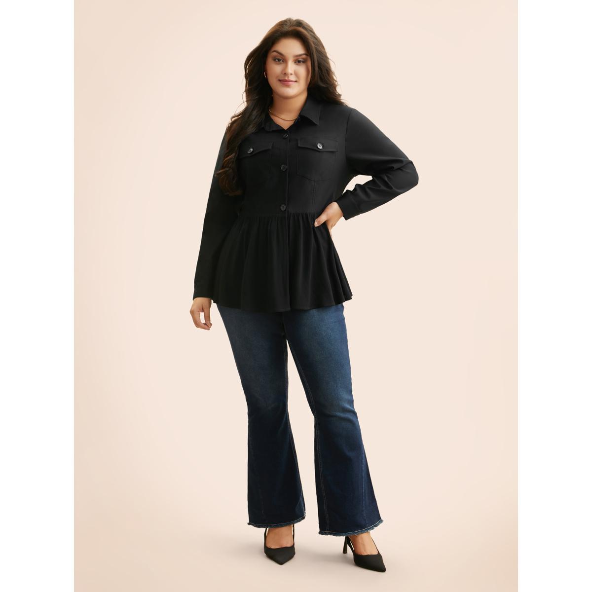 Plus Size Shirt Collar Flap Detail Gathered Jacket Women Black Gathered Everyday Jackets BloomChic 28/5X Product Image