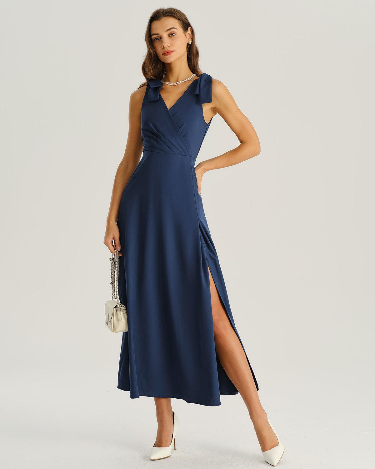 Navy Ruched Wrap A-Line Maxi Dress Product Image