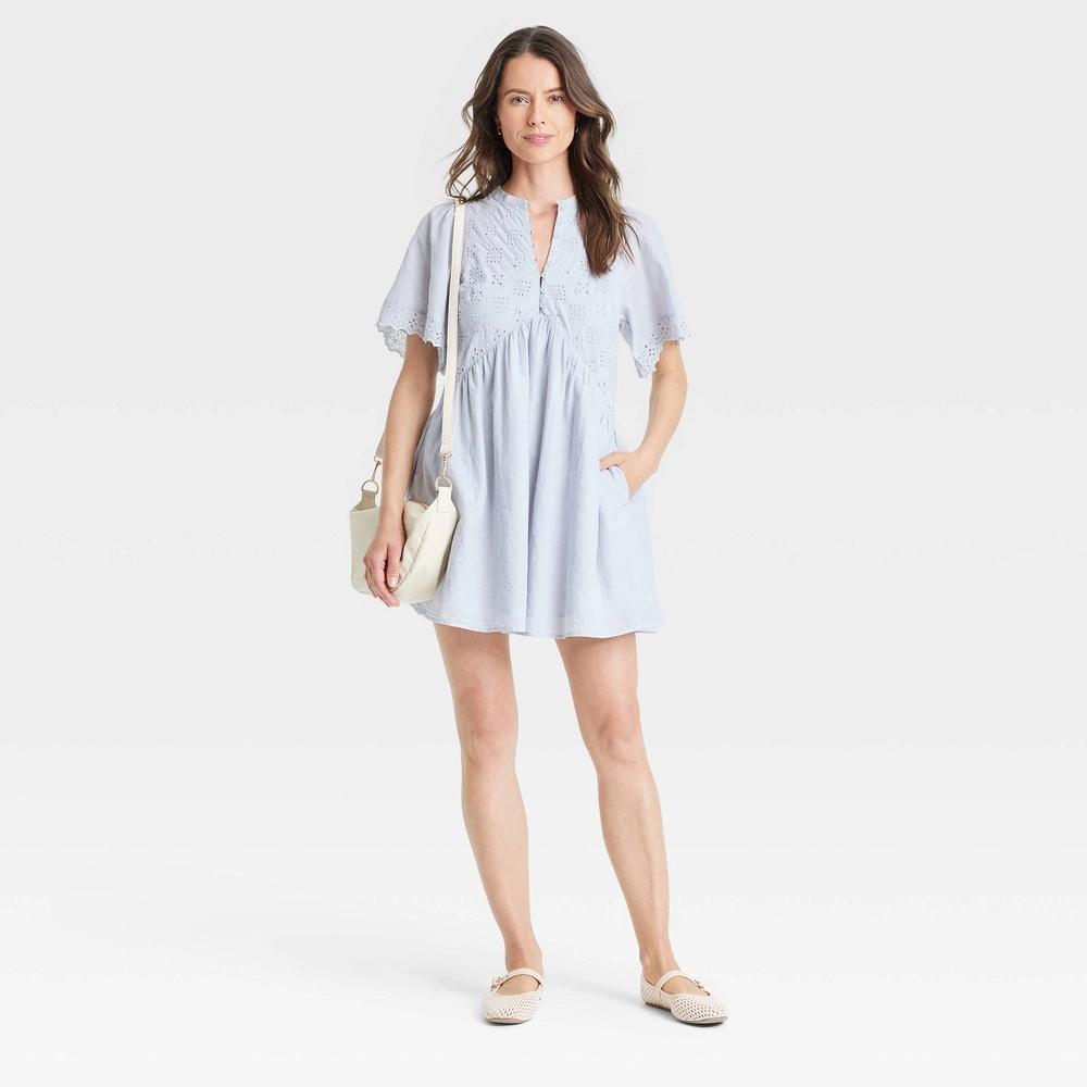 Women's Short Sleeve Eyelet Mini Skater Dress - Universal Thread™ Blue L: Cotton, Front Button Down, Full Lining Product Image
