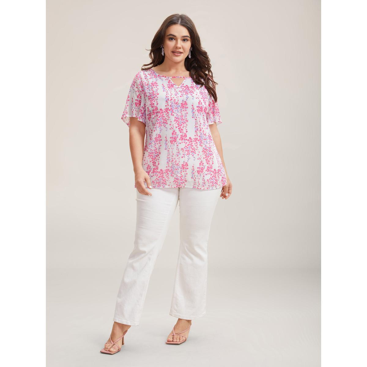 Plus Size WhiteSmoke Floral Neck Cut-Out Flutter Sleeve Shirt Women Elegant Short sleeve Round Neck Everyday Blouses BloomChic 22-24/3X Product Image