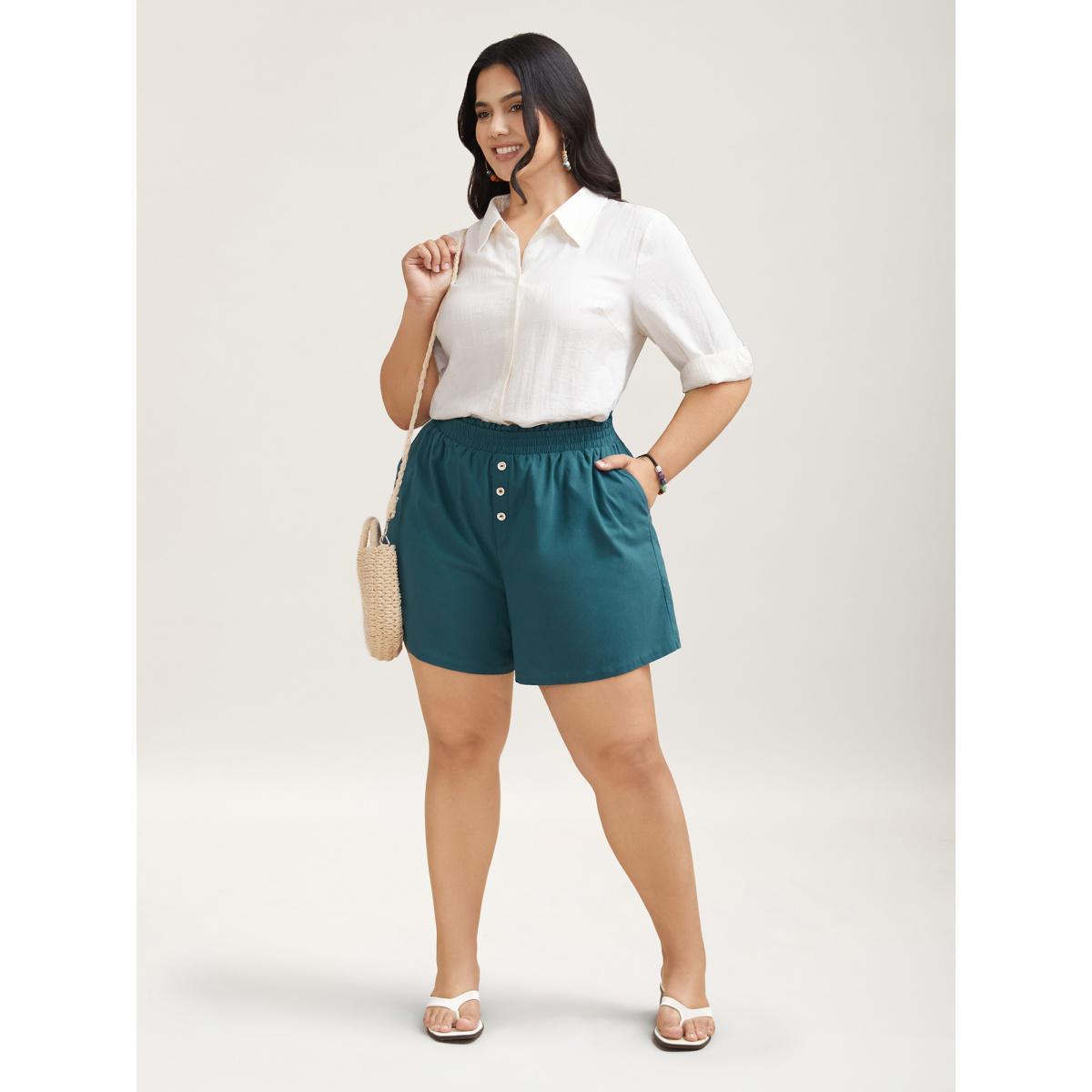 Plus Size Smocked Waist Buckle Button Shorts Women Aegean Casual Button Everyday Shorts BloomChic 22-24/3X Product Image