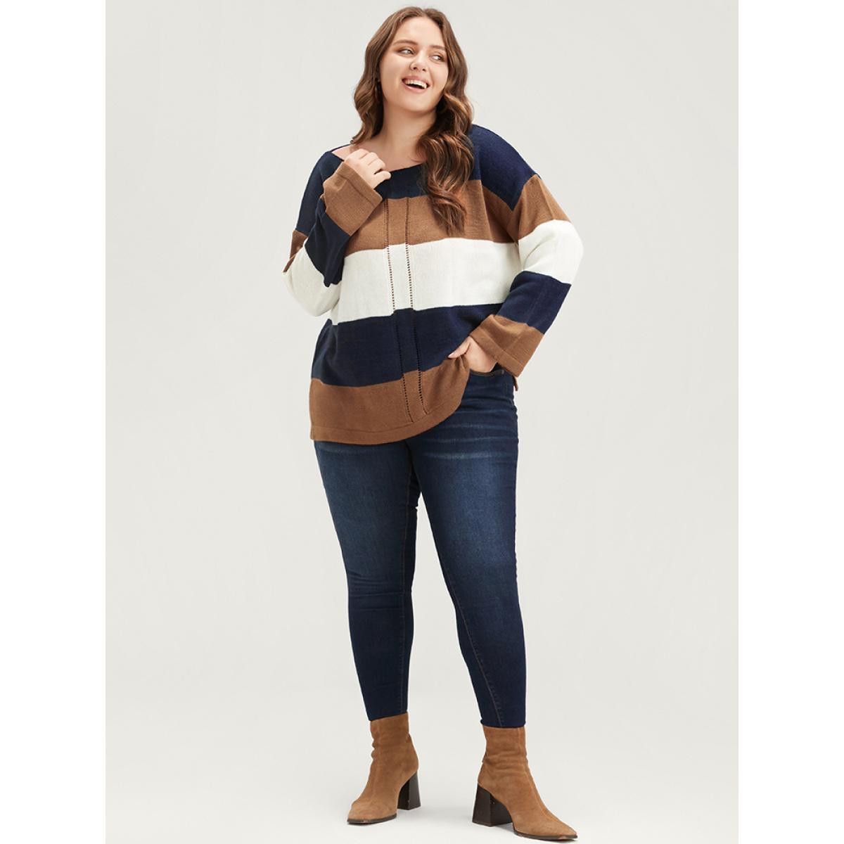 Plus Size Colorblock Contrast Pointelle Knit Eyelet Split Hem Knit Top Midnight Women Casual Loose Long Sleeve Round Neck Dailywear Pullovers BloomChic 30/6X Product Image