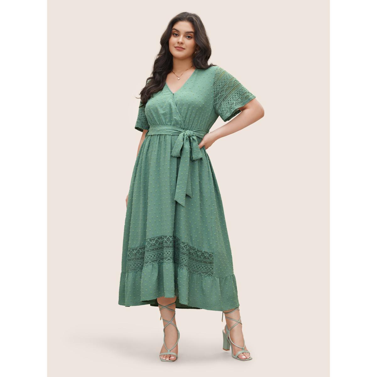 Strappy Elegance Flutter Patchwork Plus Size Dress Women Plain Mint Ruffle Sleeve Short Sleeve V Neck Pocket Belt Dailywear Long Dress BloomChic Product Image