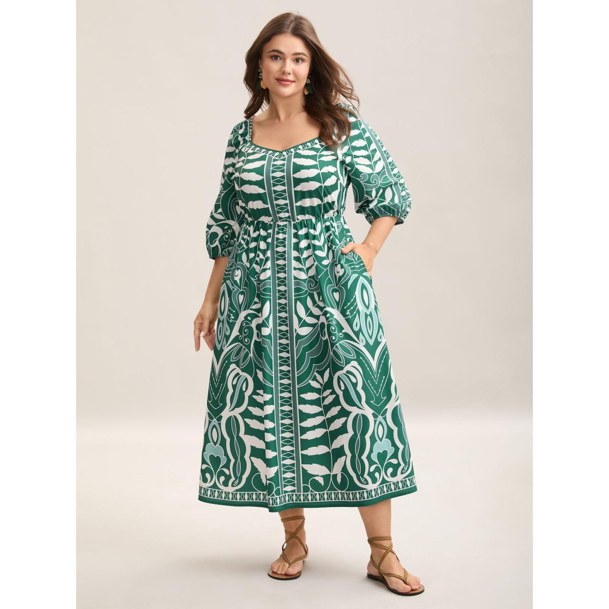 Plus Size Leafy Print Puff Sleeve Pockets Midi Dress Emerald Women Heart neckline Elbow-length sleeve Curvy BloomChic 26/4X Product Image