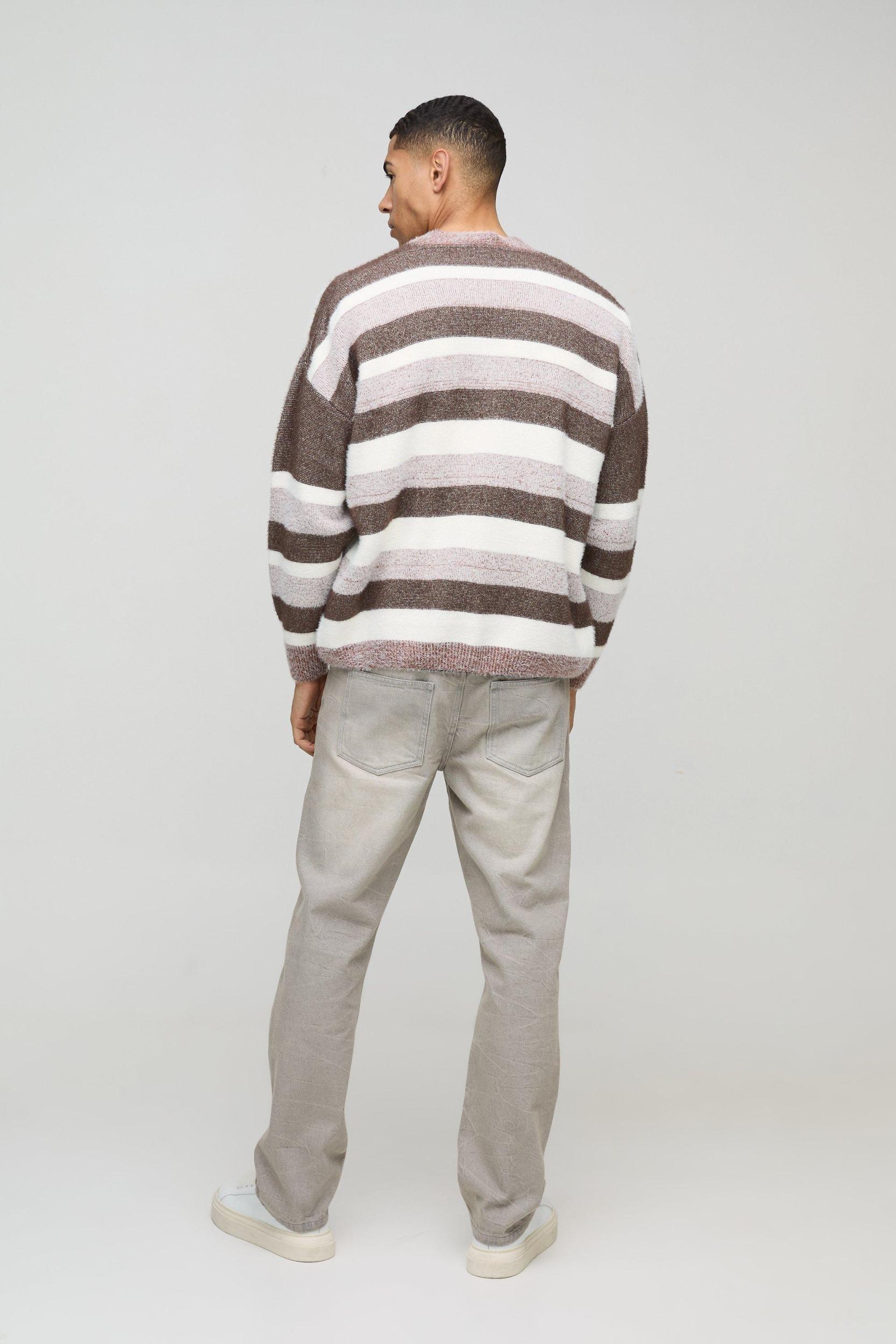 Oversized Dropped Shoulder Brushed Stripe Knitted Cardigan | boohooMAN USA Product Image