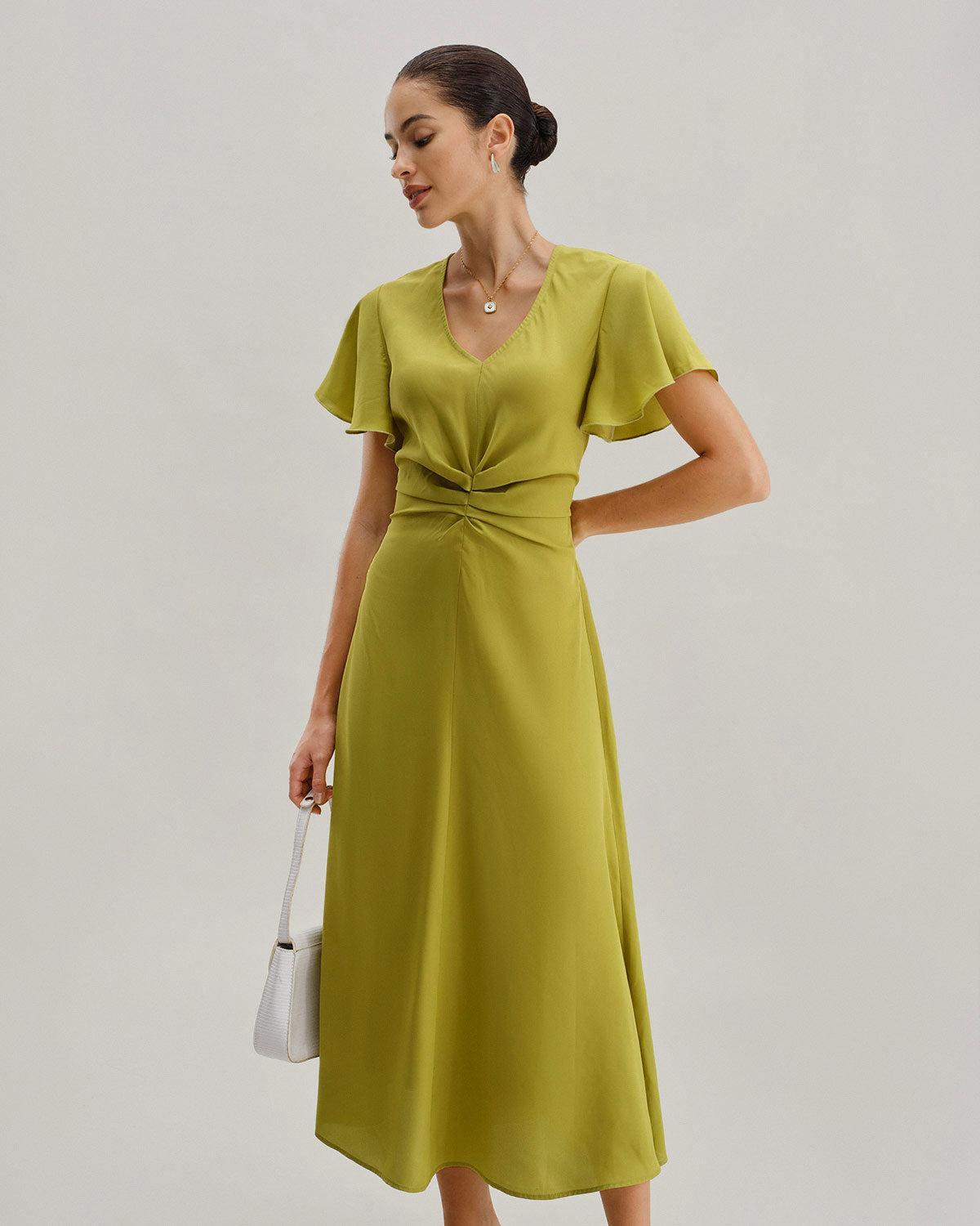 Green V Neck Ruffle Sleeve Midi Dress Product Image
