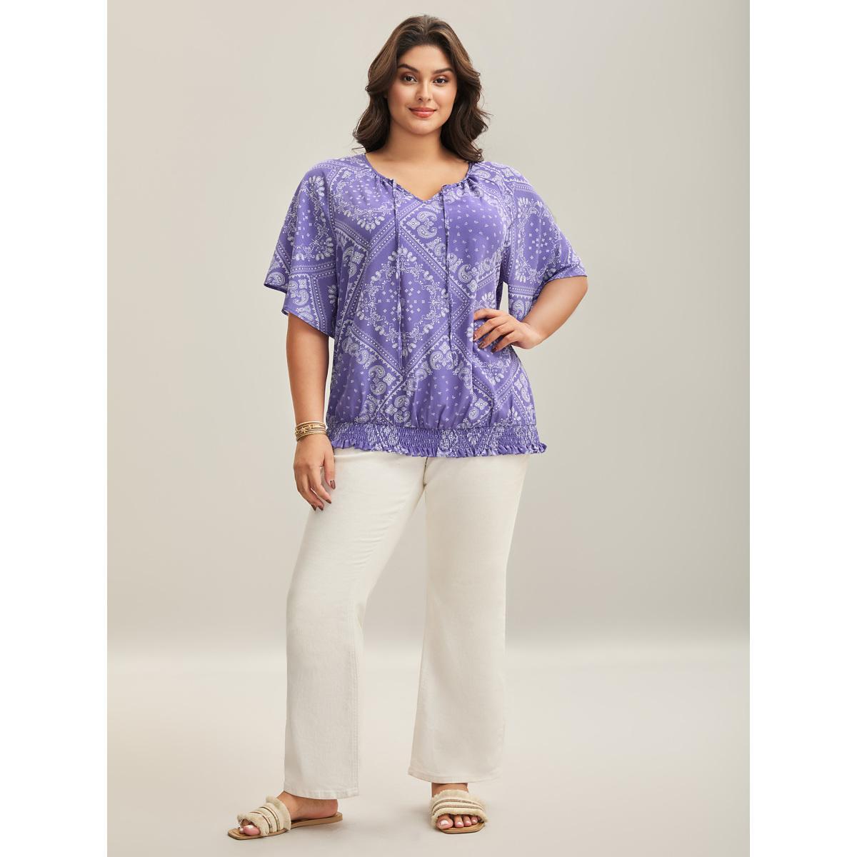 Plus Size Lavender Cube Floral Pattern Shirred Hem Blouse Women Short sleeve Round Neck Vacation Blouses BloomChic 12/L Product Image