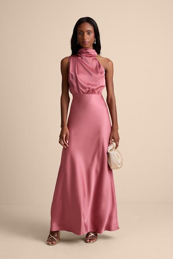 Distinctive Charm Rose Pink Satin Asymmetrical Maxi Dress Product Image