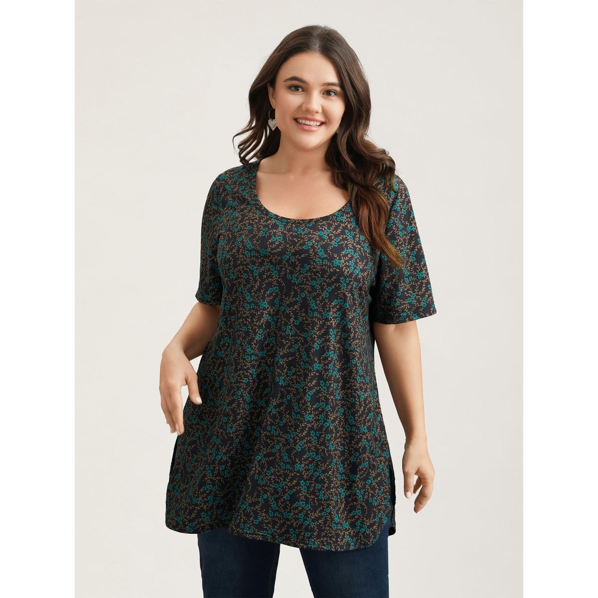 Plus Size Floral Print Round Neck Slit T-Shirt Multicolor Women Elegant Contrast Natural Flowers U-neck Loose Everyday T-shirts BloomChic 18-20/2X Product Image