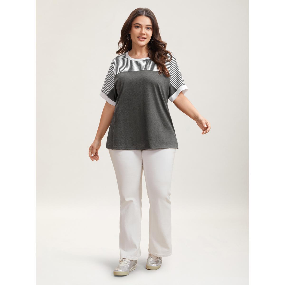 Plus Size Solid and Striped Contrast Hem T-Shirt DarkGray Women Casual Contrast Round Neck Everyday T-shirts BloomChic 26/4X Product Image