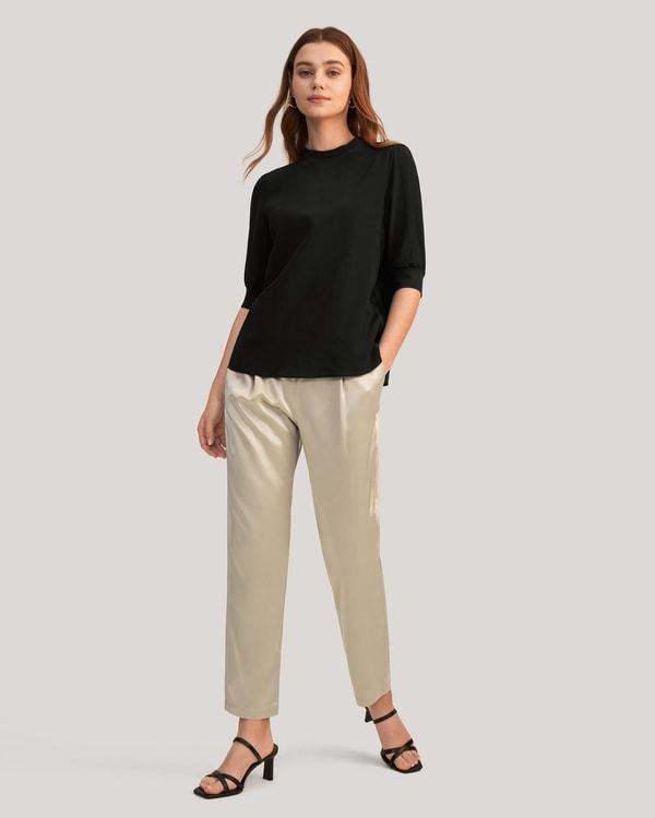 Elegant Casual Silk Tee With Rib Cuff Product Image