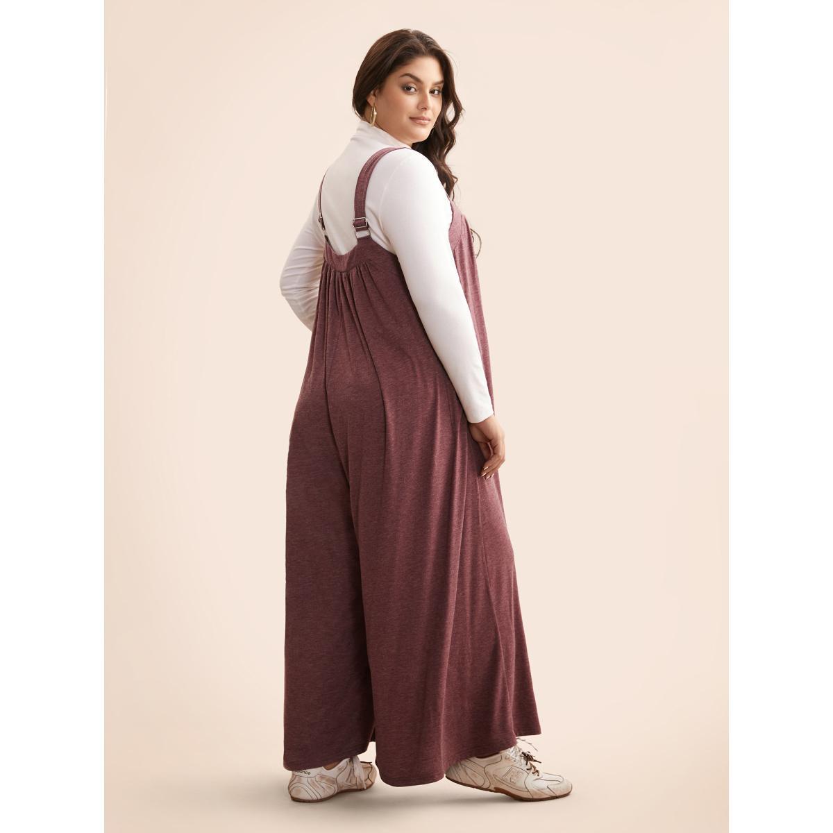 Plus Size Burgundy Heather Gathered Loose-Fit Jumpsuit Women Casual Sleeveless Heart neckline Everyday Loose Jumpsuits BloomChic 26/4X Product Image