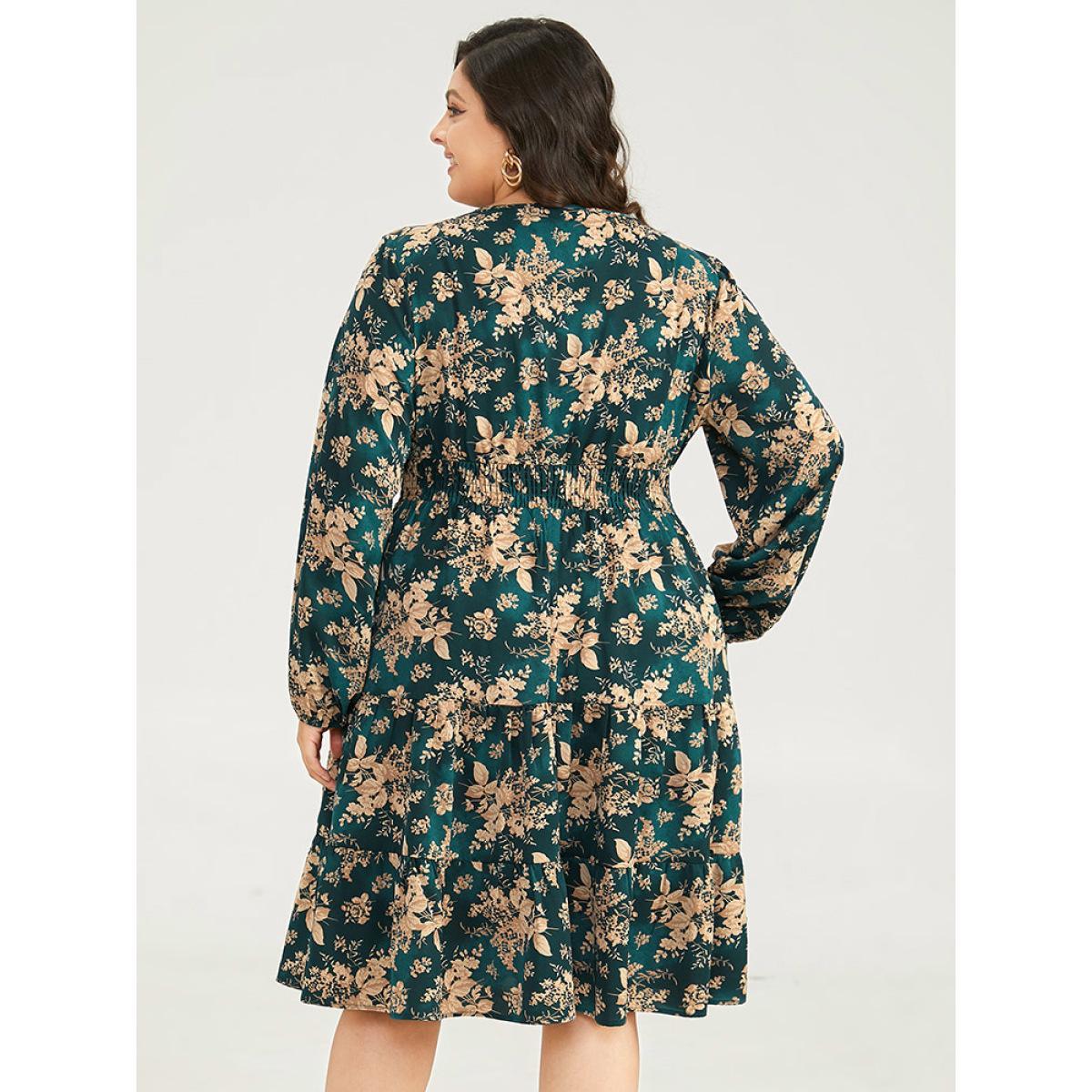 Plus Size Silhouette Floral Print Surplice Neck Shirred Dress Cyan Women Elegant Elastic cuffs V-neck Long Sleeve Curvy Midi Dress BloomChic 28/5X Product Image