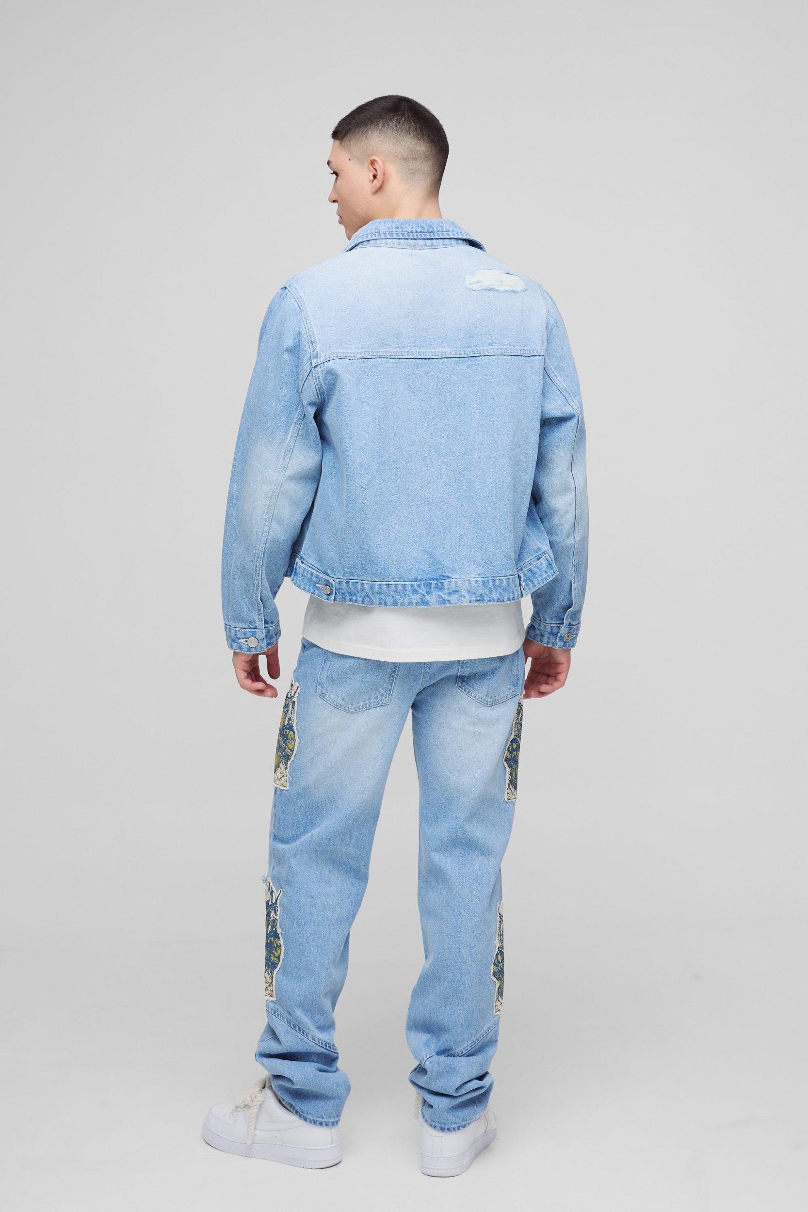Slim Stacked All Over Rip & Repair Contrast Stitch Jeans | boohooMAN USA Product Image