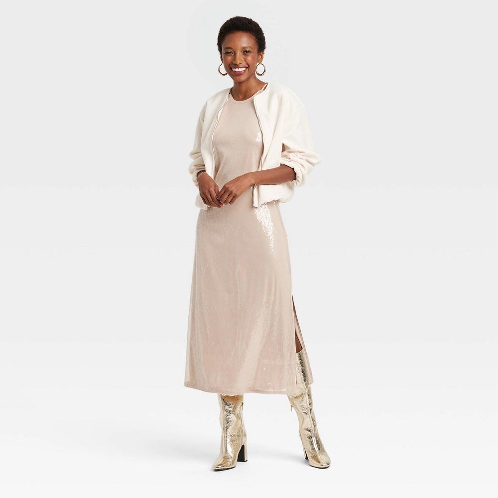 Women's Sequin Midi A-Line Dress - A New Day™ Tan S Product Image