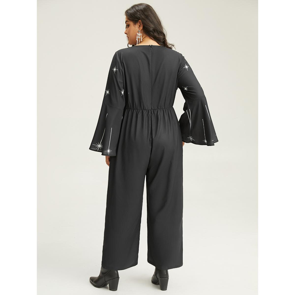 Plus Size Black Halloween Moon & Star Elastic Waist Bell Sleeve Jumpsuit Women Casual Long Sleeve V-neck Festival-Halloween Loose Jumpsuits BloomChic 12/L Product Image
