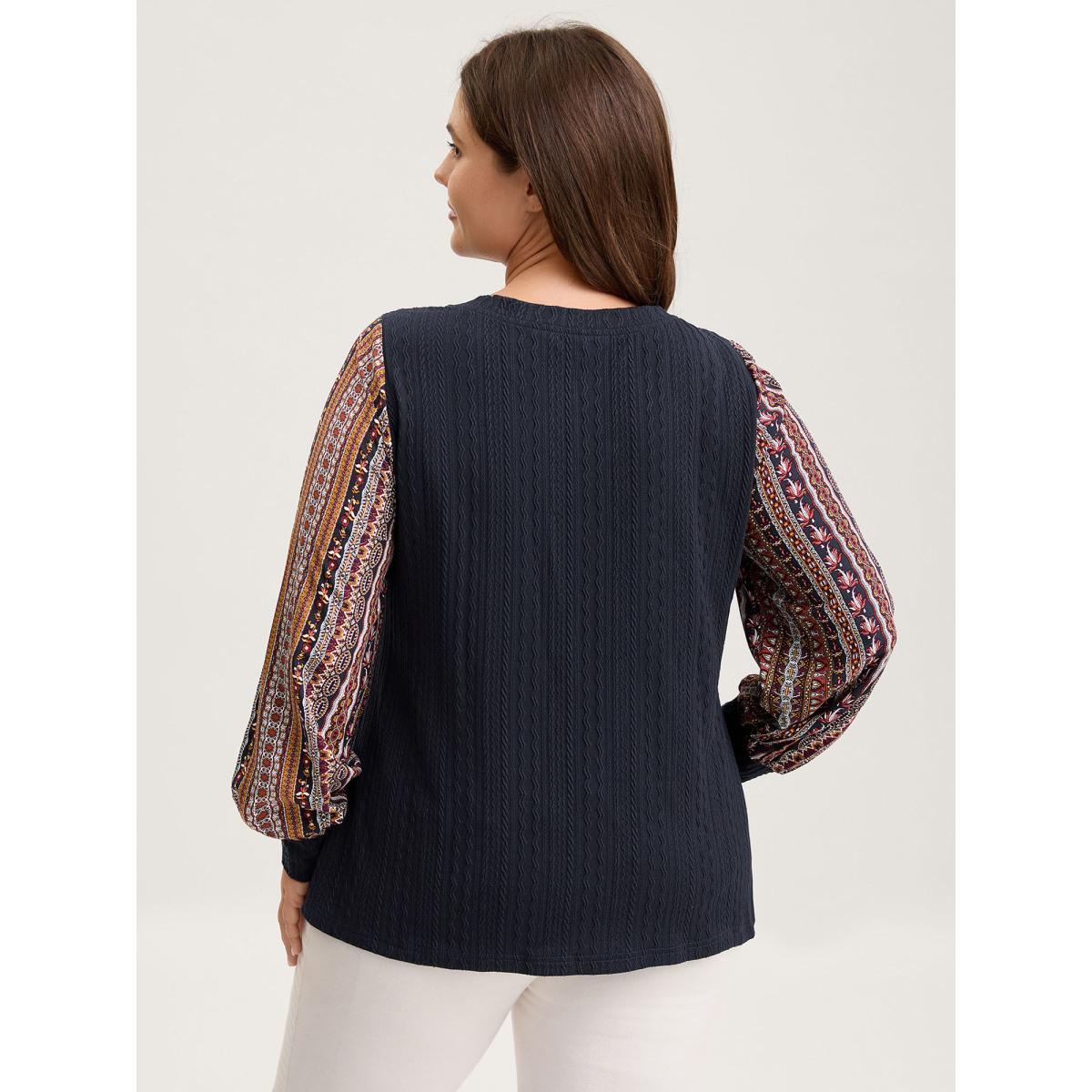 Plus Size Textured Striped Sleeve Contrast Sweatshirt Women Indigo Texture V-neck Everyday-Casual Sweatshirts BloomChic 28/5X Product Image