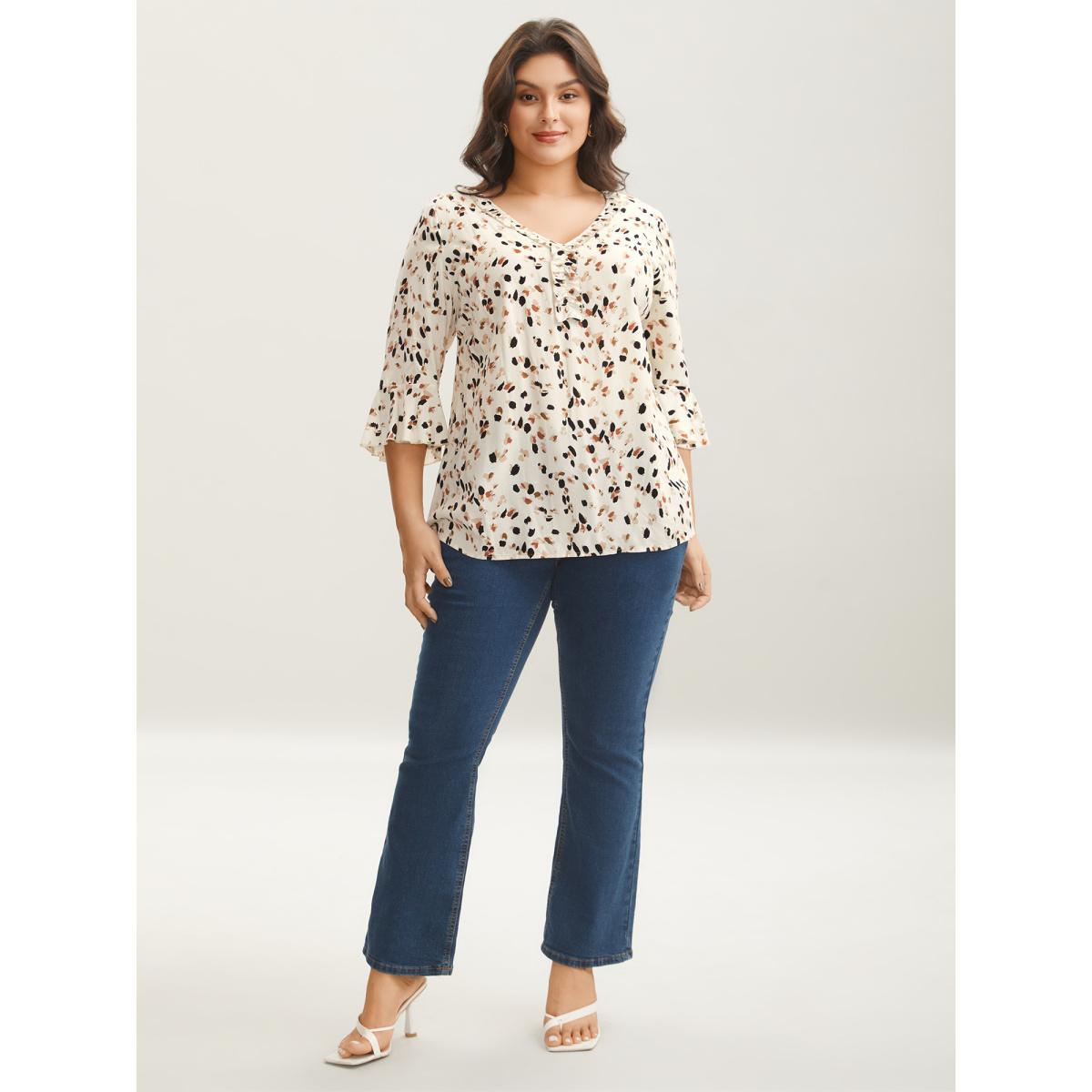 Plus Size Ivory Leopard Print Ruffled Detail Shirt Women Elegant Elbow-length sleeve V-neck Everyday Blouses BloomChic 14-16/1X Product Image