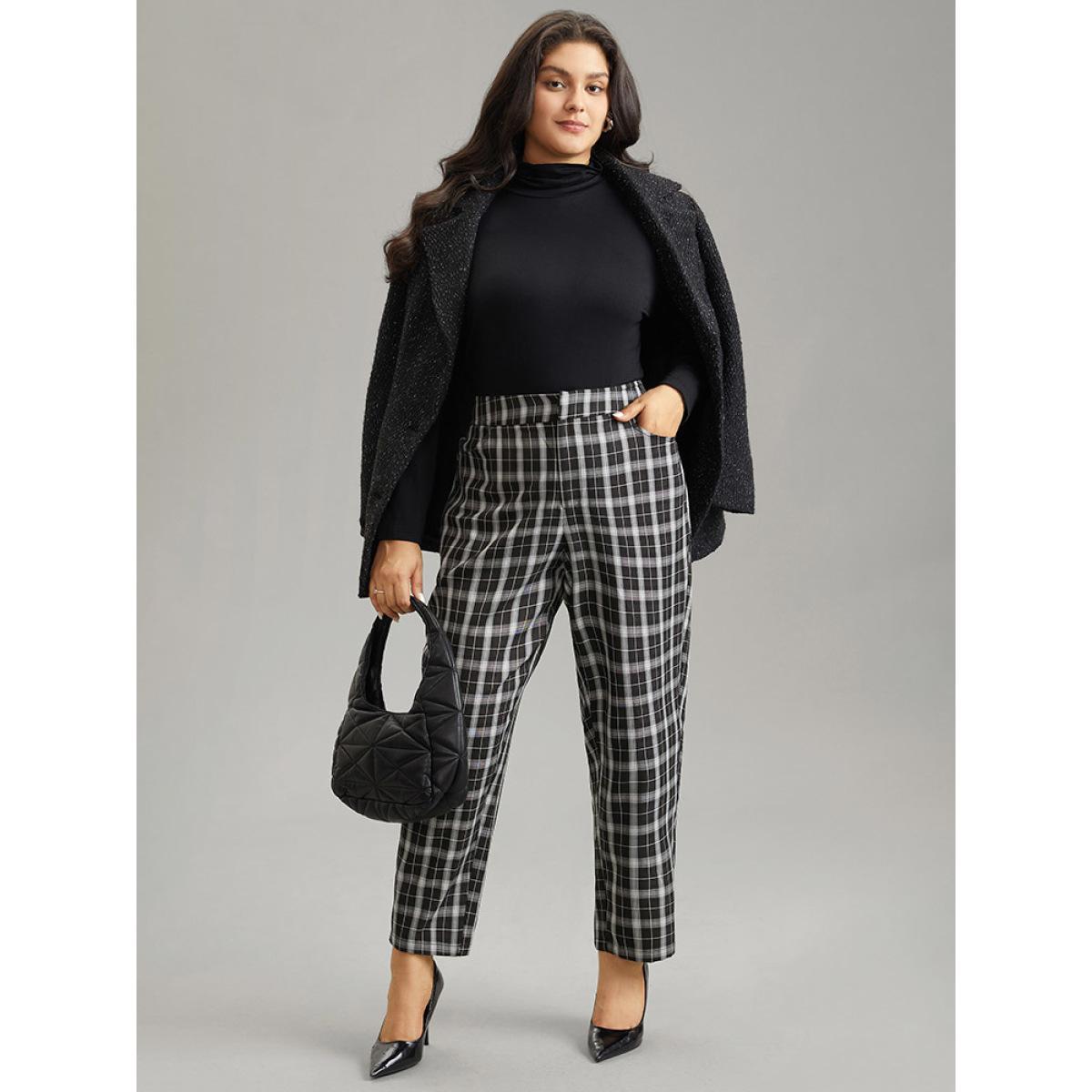 Plus Size Plaid Elastic Waist Straight Leg Pants Women Black Office Straight Leg High Rise Work Pants BloomChic 12/L Product Image