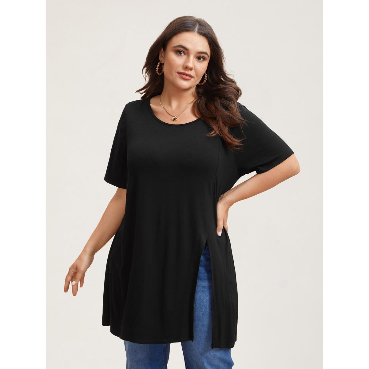 Plus Size Side-Split Plain Round Neck T-Shirt Black Women Casual Slit Non Loose Everyday T-shirts BloomChic 28/5X Product Image