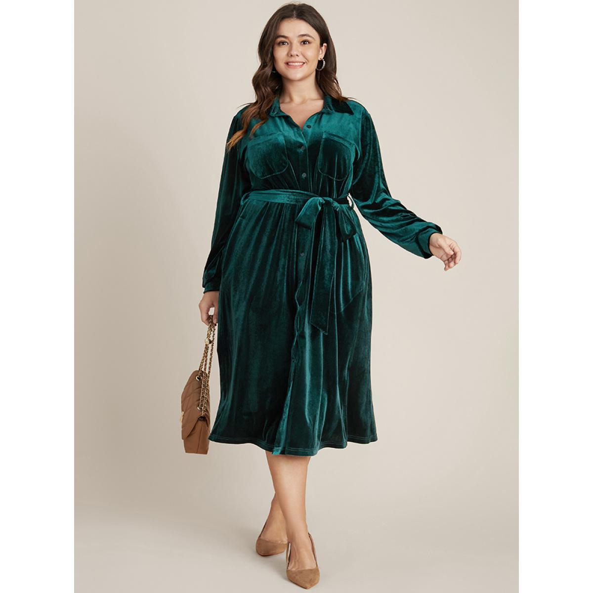 Plus Size Solid Shirt Collar Pocket Button Up Belted Velvet Dress DarkGreen Women Party Shirt collar Long Sleeve Curvy Midi Dress BloomChic 10/M Product Image