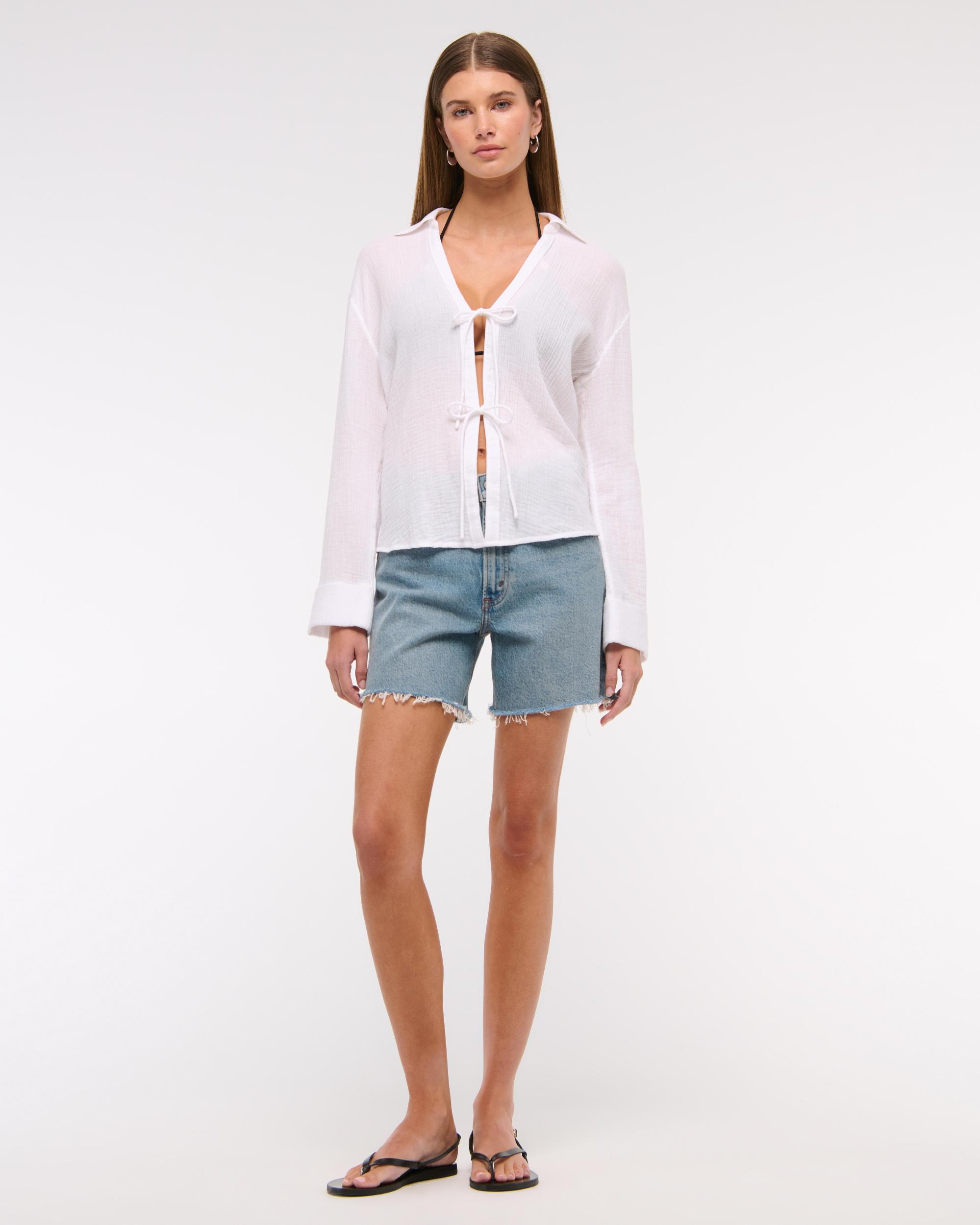 Long-Sleeve Oversized Tie-Front Gauzy Shirt Product Image