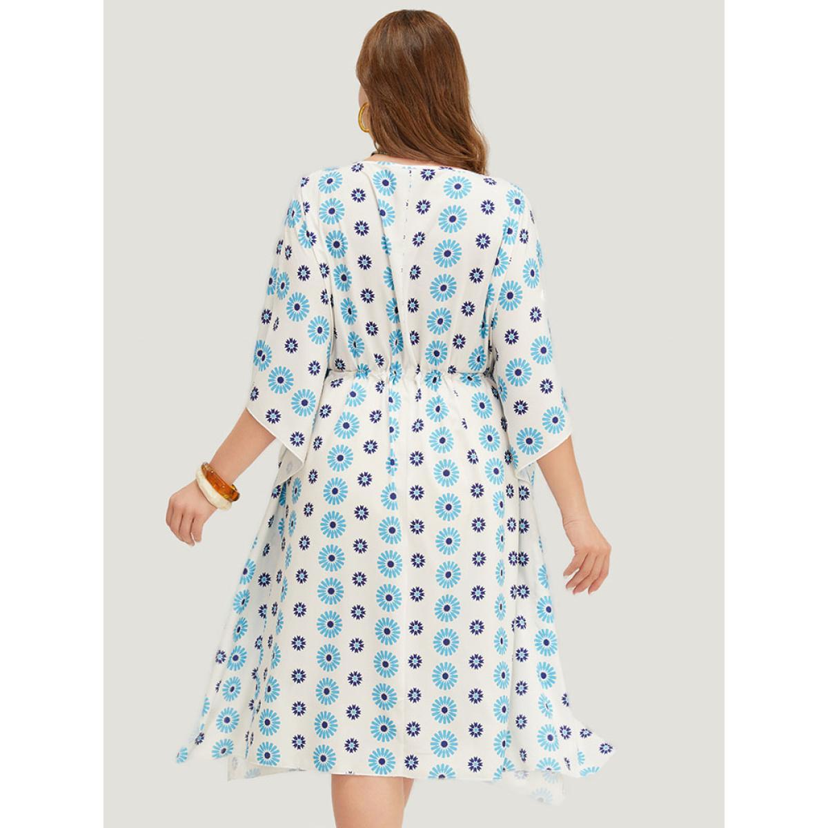 Plus Size Floral Batwing Sleeve Keyhole Knotted Neck Split Dress Cerulean Women Vacation Round Neck Half Sleeve Curvy Midi Dress BloomChic 18-20/2X Product Image