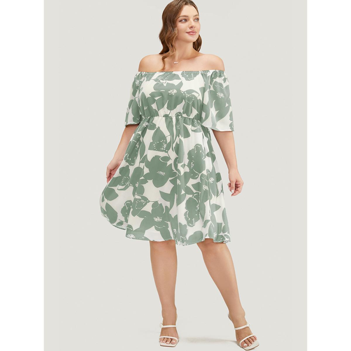 Plus Size Floral Ruffle Sleeve Pocket Off Shoulder Dress LightGreen Women Elegant Pocket One-shoulder neck Short sleeve Curvy Knee Dress BloomChic 18-20/2X Product Image