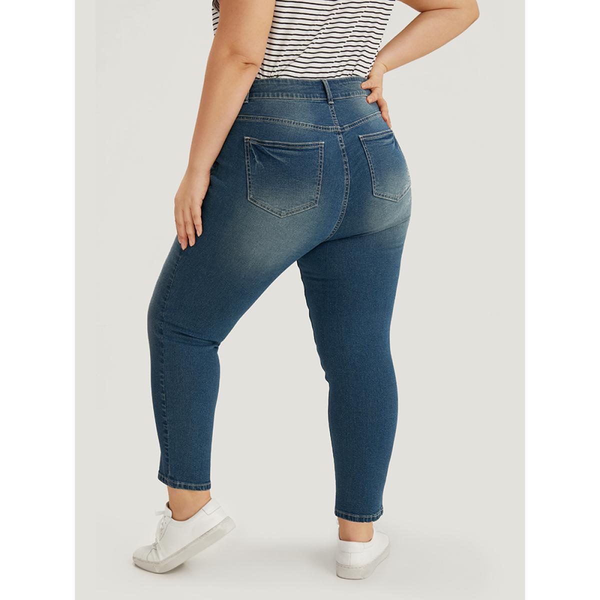 Plus Size Zipper Fly Skinny Medium Wash Jeans Women Cerulean Casual Plain Plain High stretch Pocket Jeans BloomChic 22/3X Product Image