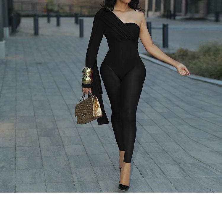 Long Sleeve One Shoulder Plain Ruched Skinny Jumpsuit Product Image