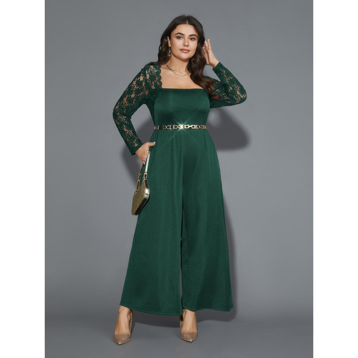 Plus Size Truegreen Lace Mesh Sleeves Square Neck Jumpsuit Women Cocktail Long Sleeve Square Neck Party Loose Jumpsuits BloomChic 10/M Product Image