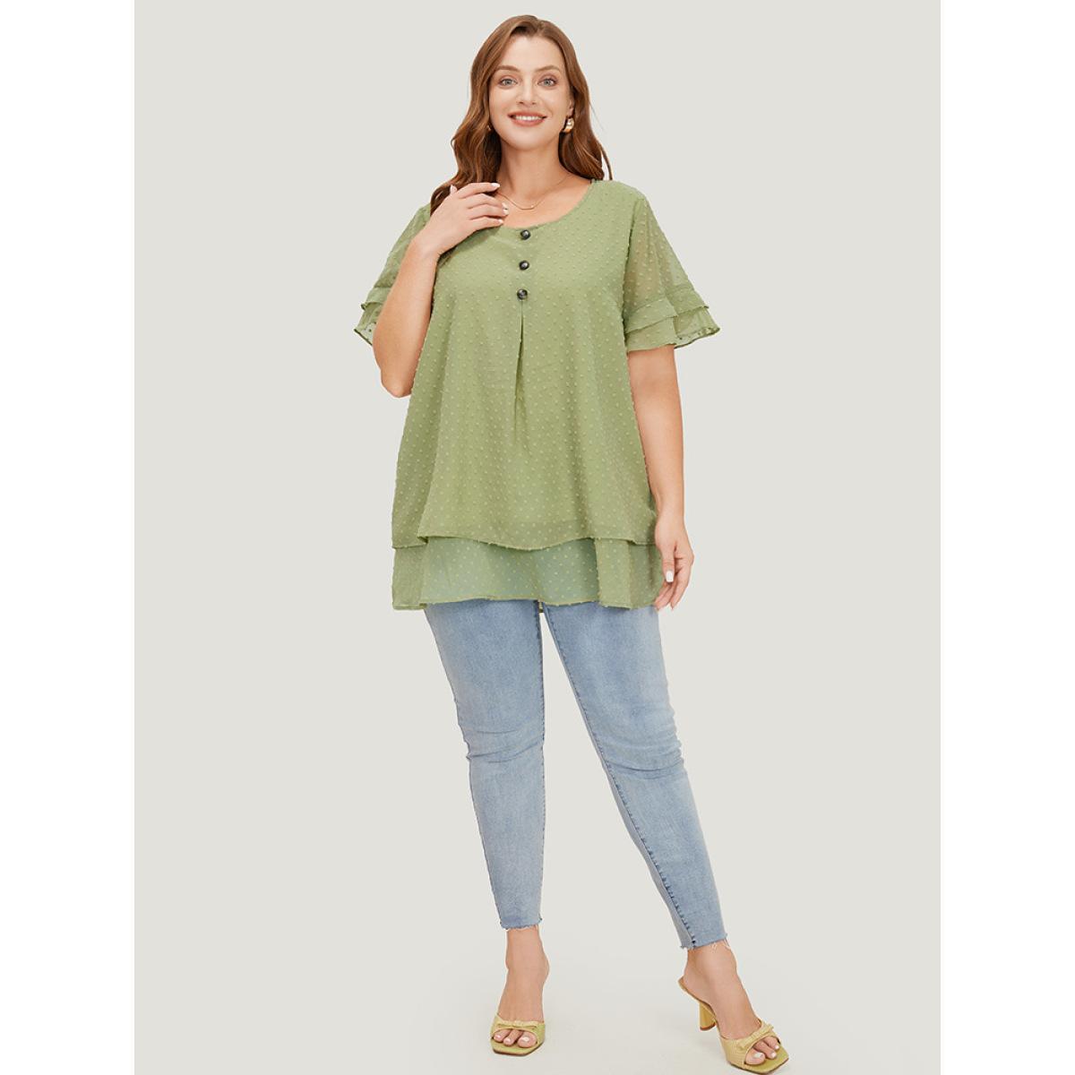 Plus Size Mint Polka Dot Button Detail Mesh Ruffle Layered Blouse Women Elegant Short sleeve Round Neck Dailywear Blouses BloomChic 30/6X Product Image