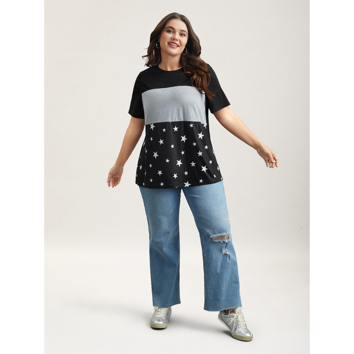 Plus Size Starry Color-Block Stretchy T-Shirt Black Women Casual Contrast Round Neck Everyday T-shirts BloomChic 26/4X Product Image