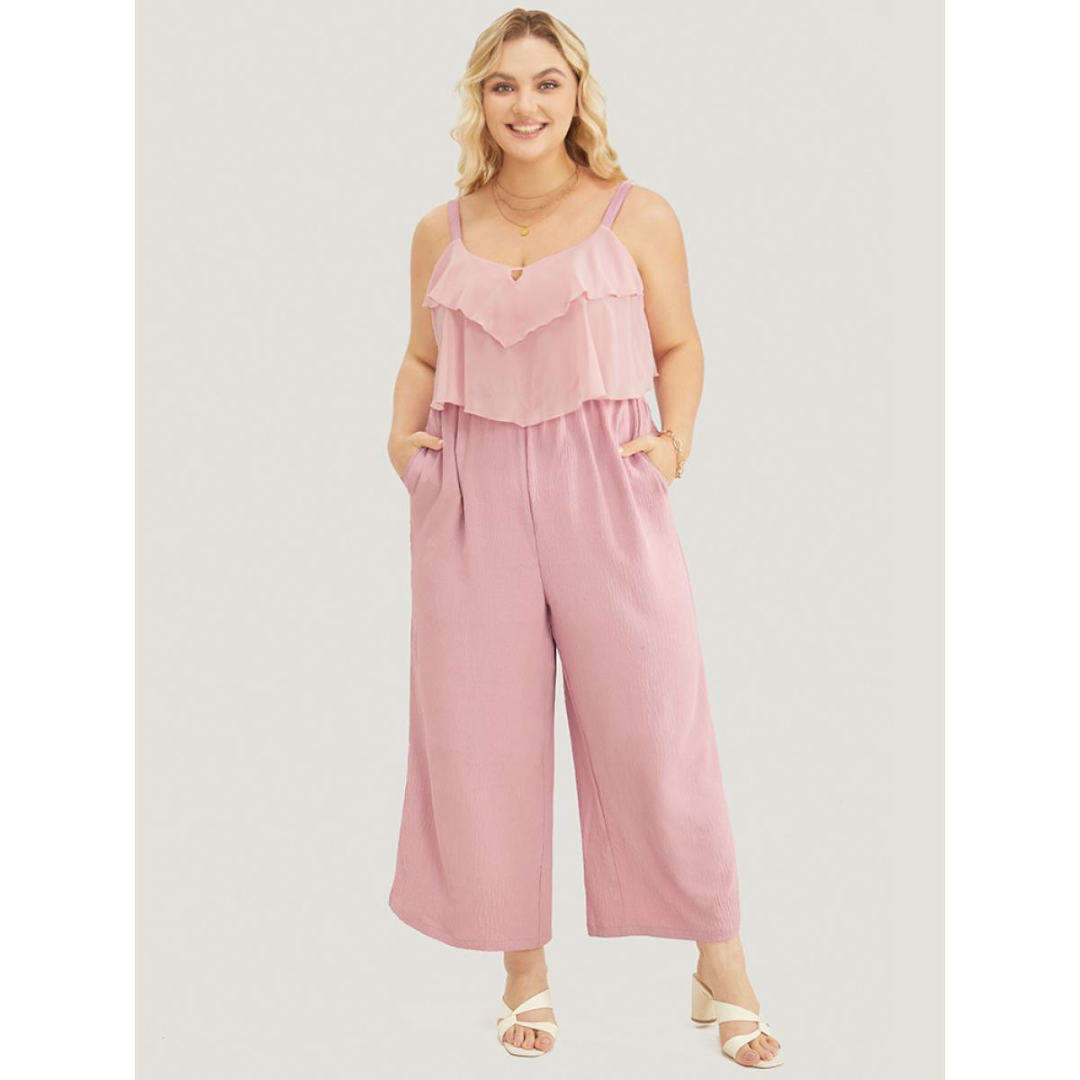 Plus Size MistyRose Solid Ruffle Trim Pocket Split Hem Keyhole Cami Jumpsuit Women Elegant Sleeveless Spaghetti Strap Dailywear Loose Jumpsuits BloomChic 28/5X Product Image