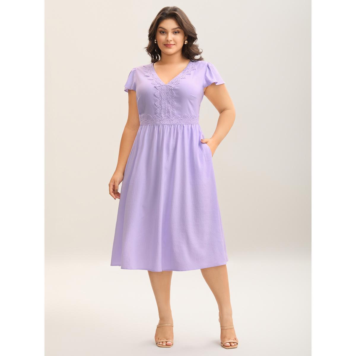 Plus Size Lace Trim Flutter Sleeve Midi Dress Lavender Women V-neck Cap Sleeve Curvy BloomChic 10/M Product Image