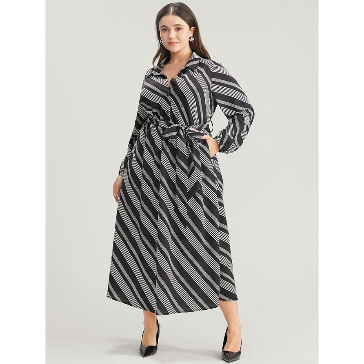 Plus Size Striped Lantern Sleeve Pocket Belted Lapel Collar Dress Black Women Office Belted Lapel Collar Long Sleeve Curvy Midi Dress BloomChic 14-16/1X Product Image