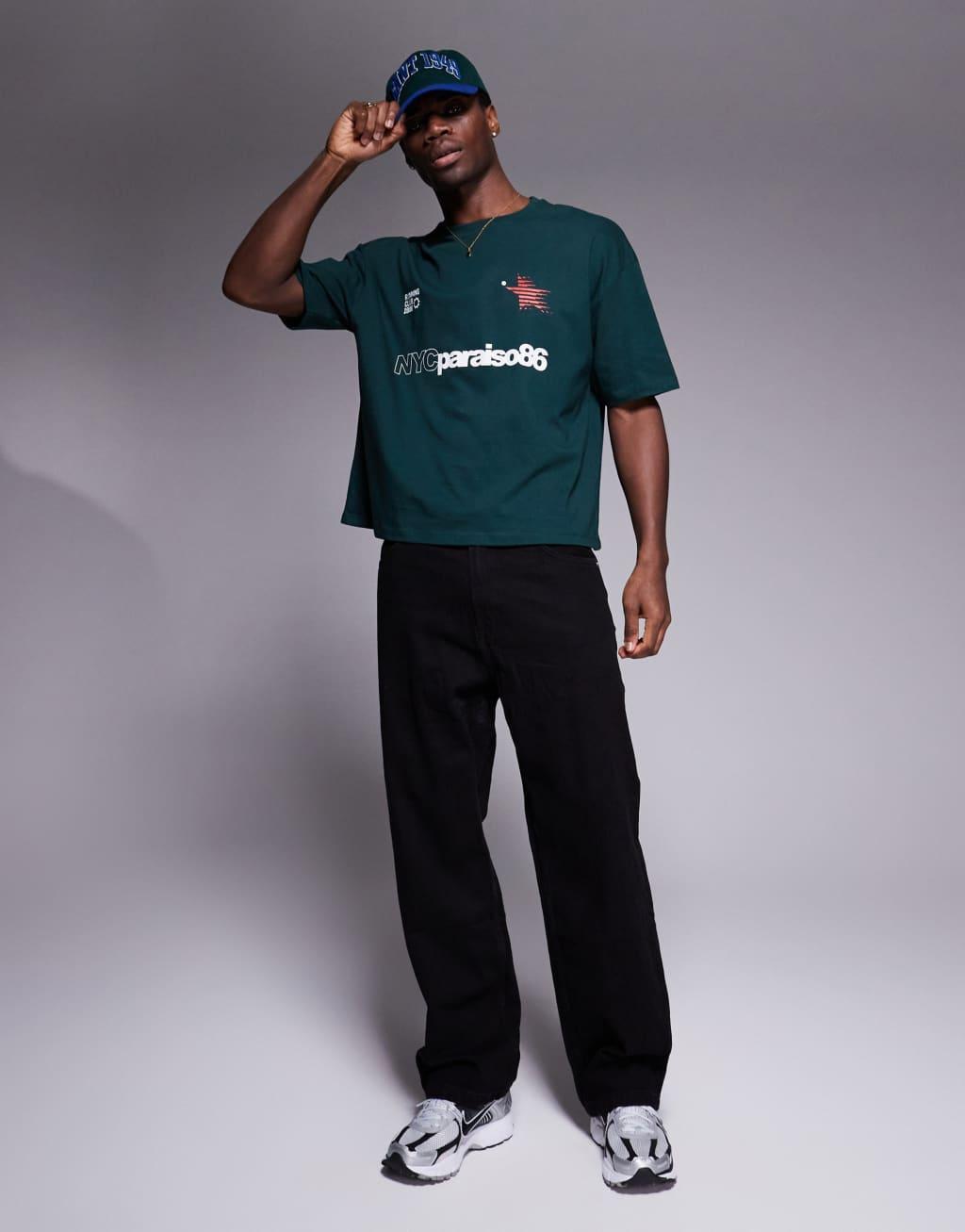 ASOS DESIGN boxy oversized t-shirt with sports graphic in dark green Product Image