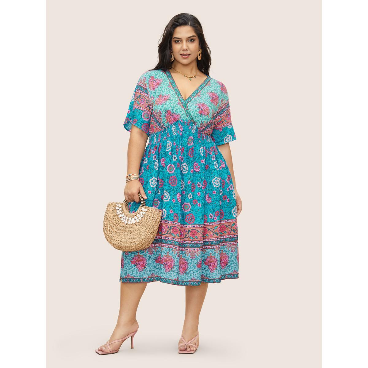 Plus Size Floral Dolman Sleeve Ruffles Shirred Split Hem Dress Cerulean Women Resort Non V-neck Short sleeve Curvy Midi Dress BloomChic 22-24/3X Product Image