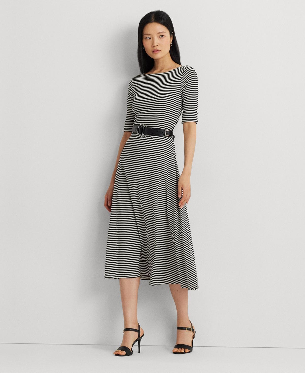Lauren Ralph Lauren Striped Stretch Cotton Midi Dress (Black/Mascarpone Cream) Women's Dress Product Image