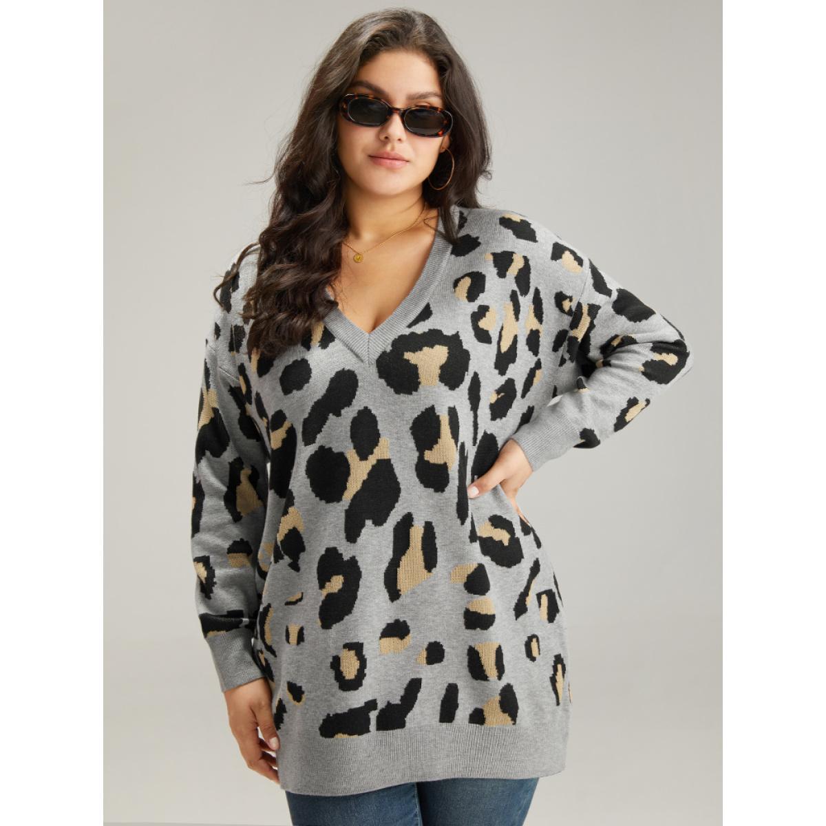 Plus Size Anti-Pilling Leopard Elastic Cuffs Pullover Leopard Women Casual Loose Long Sleeve V-neck Dailywear Pullovers BloomChic 18-20/2X Product Image