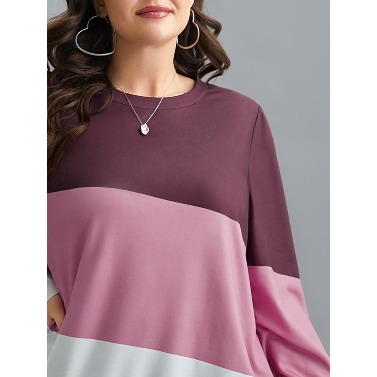 Plus Size Color Block Round Neck Sweatshirt Women Multicolor Casual Contrast V-neck Everyday Sweatshirts BloomChic 14-16/1X Product Image