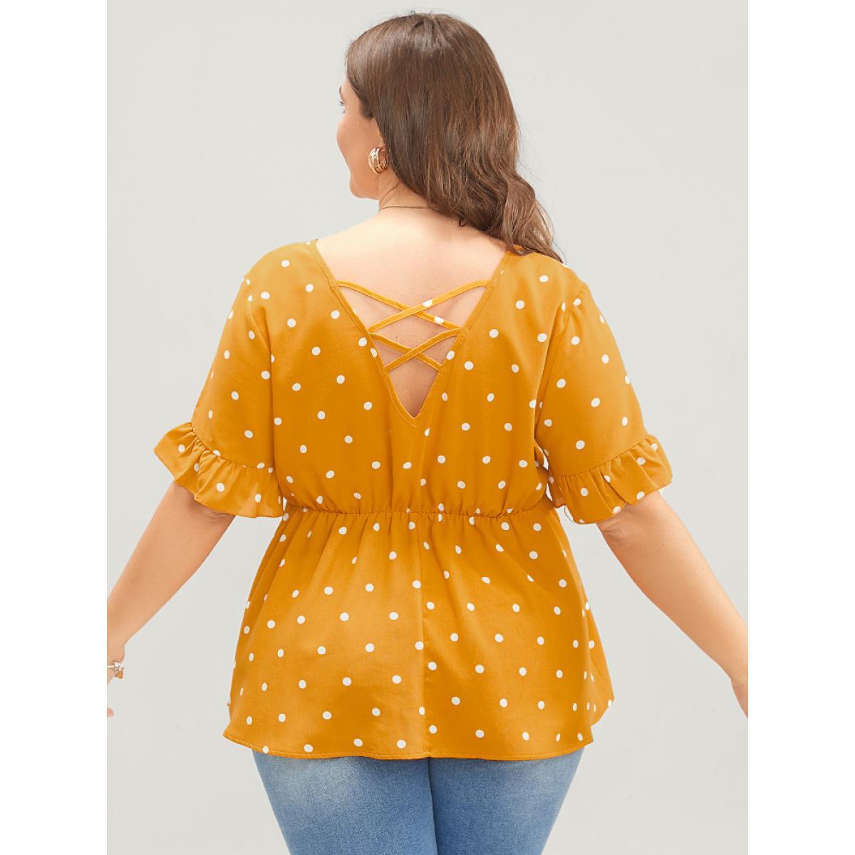 Plus Size Orange Polka Dot Crisscross Back Ruffles Trim T-shirt Women Elegant Short sleeve Round Neck Dailywear Blouses BloomChic 22-24/3X Product Image