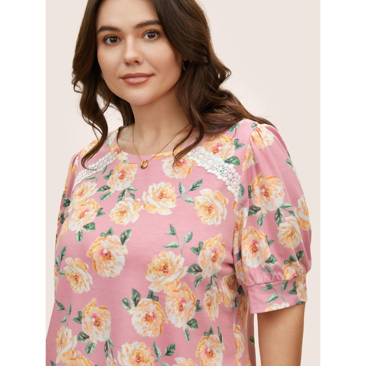 Plus Size Natural Flowers Lace Panel Lantern Sleeve T-shirt Dirtypink Women Elegant Contrast Natural Flowers Round Neck Everyday T-shirts BloomChic 18-20/2X Product Image
