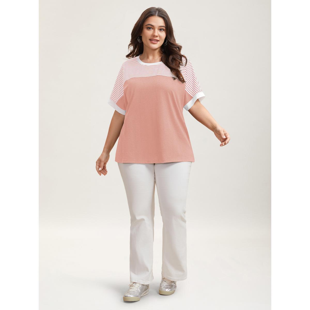 Plus Size Solid and Striped Contrast Hem T-Shirt Nudepink Women Casual Contrast Round Neck Everyday T-shirts BloomChic 18-20/2X Product Image