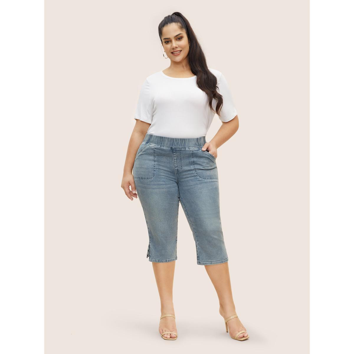 Plus Size Vintage Elastic Waist Split Side Pull-on Jegging Jeans Women Denimblue Casual Slit High stretch Patch pocket Jeans BloomChic 24/3X Product Image